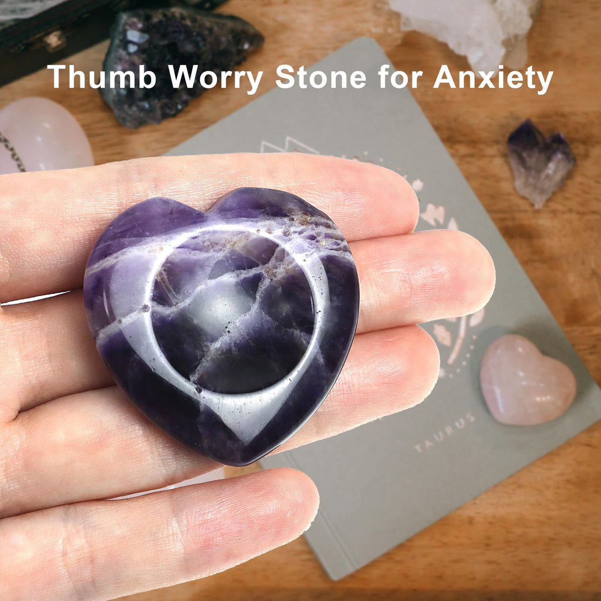 Thumb Worry Stone for Anxiety, 2PCS Amethyst Rose Quartz Heart Crystals and Healing Stones, Pocket Natural Stone Meditation Reiki Palm Thumb Stone Therapy Stress Relief Gift for Women