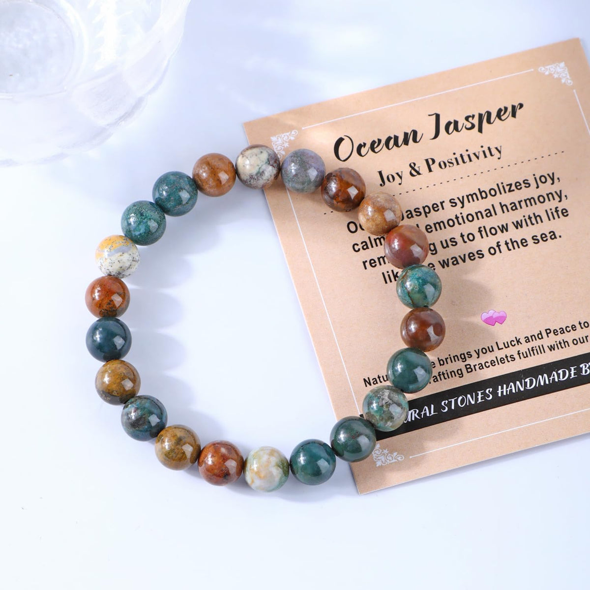 AD Beads 10mm Handmade Ocean Jasper Elastic Bracelet – Natural Gemstone for Joy & Positivity – Meditation, Yoga, Healing and Energy Gift for Men Women