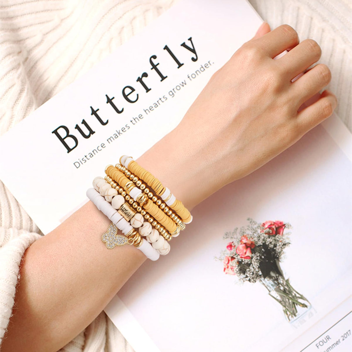 GOOJIDS Surfer Heishi Clay Bead Bracelets for Women Bohemian Stackable Gold Plated Beaded Stretch Bracelets Elastic Layering Friendship Bracelets Set Boho Jewelry