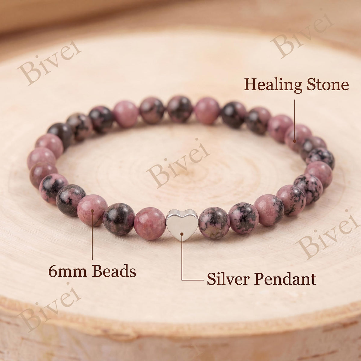 Bivei 6mm Rhodonite Crystal Stretch Bracelets for Women, Handmade Natural Stone Beaded Bracelet, Yoga Protection Jewelry Gift