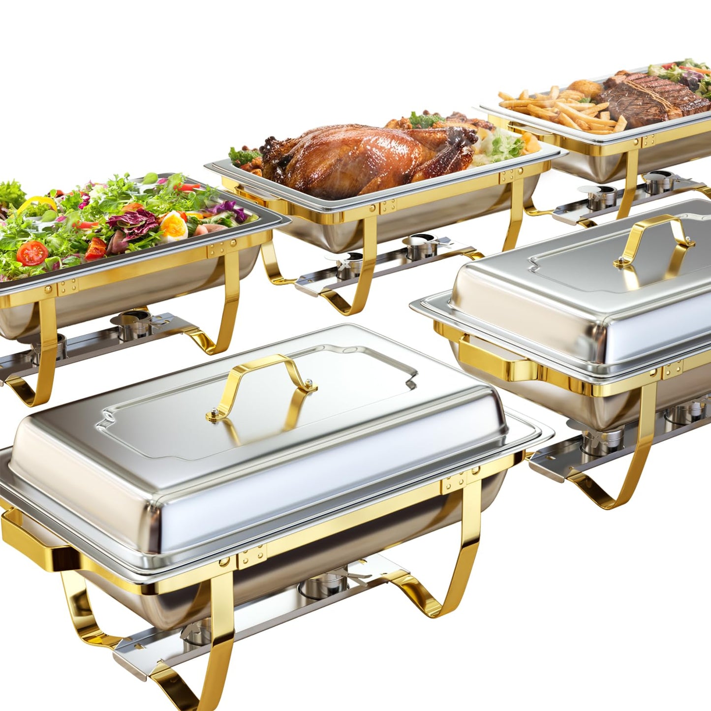 Chafing Dishes for Buffet 6 Pack, 9QT [Elegant Gold and Silver Colors] Stainless Steel Chafing Dish Buffet Set [Sturdy and High Grade] Chafers and Buffet Warmers Sets for Any Party with Complete Set