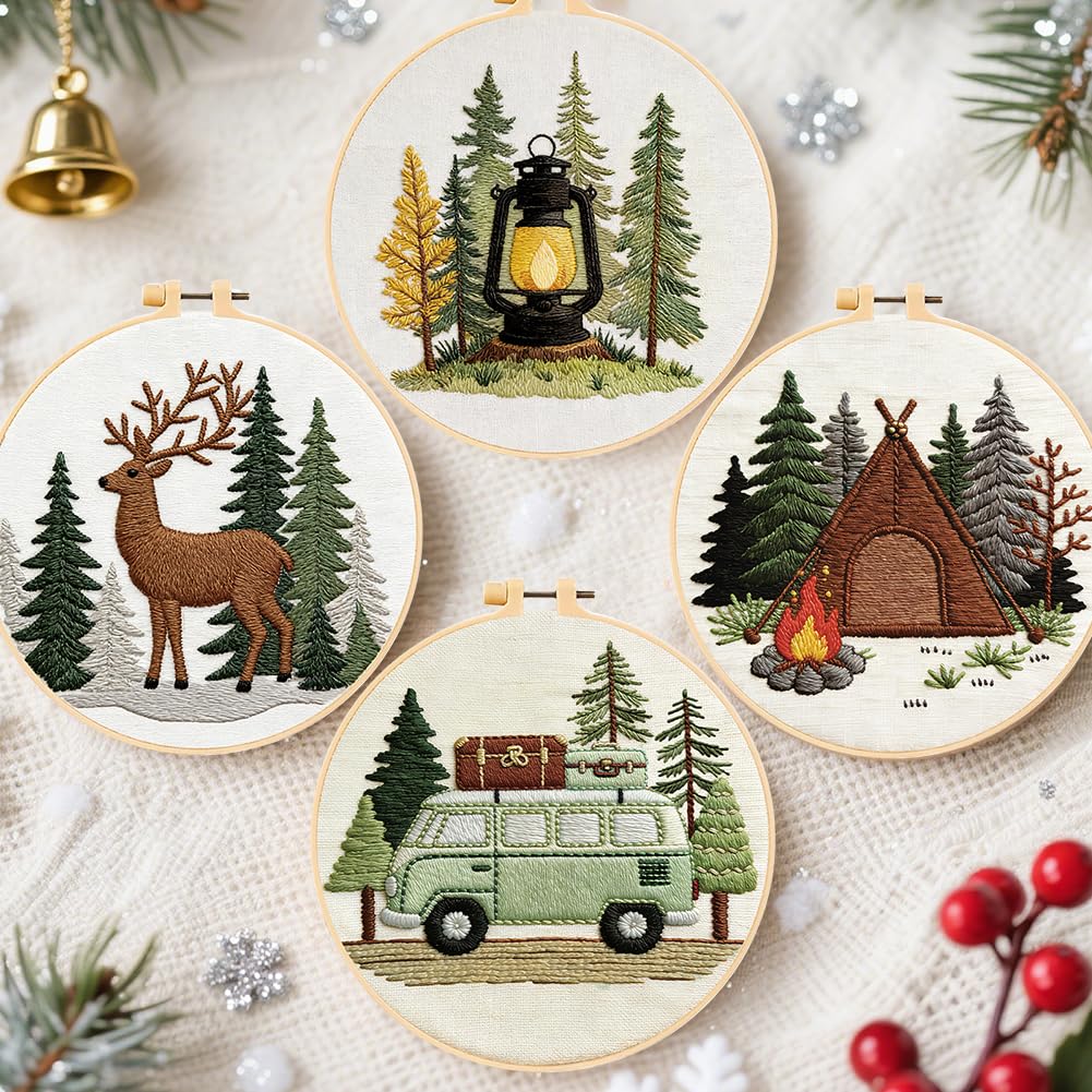 FREEBLOSS 4 Sets Embroidery Kit for Beginners Needlepoint Embroidery Starter Kit with Camping Stamped Patterns, Instructions, Colored Threads, 2 Hoops 20cm/7.9inch