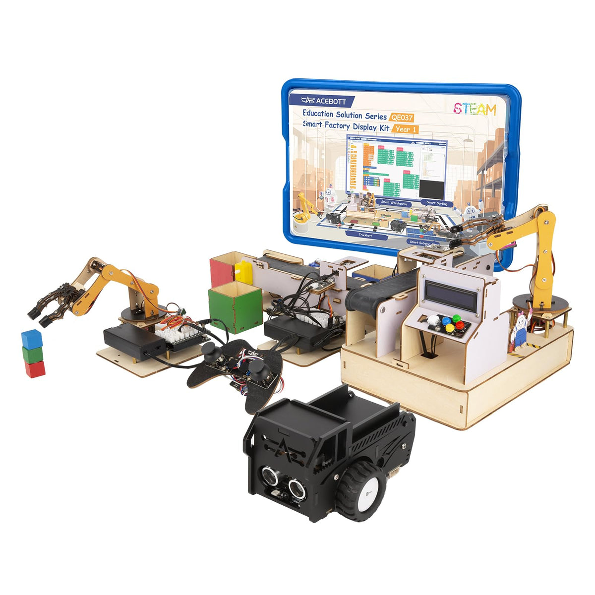 3-in-1 ESP32 IoT Control Smart Factory Kit with 2-in-1 TruckBott Smart Car Kit, Electronics Programming Robotics Kit Compatible with Arduino Scratch, School Home DIY Education STEAM Set for Teens 12+