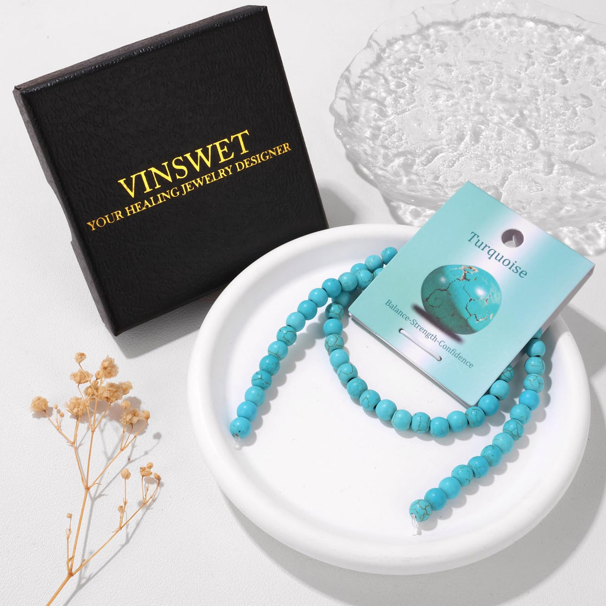Vinswet 60pcs 6mm Turquoise Natural Stone Beads Round Genuine Real Stone Beading Loose Gemstones DIY Smooth Bead for Bracelet Necklace Earrings Jewelry Making