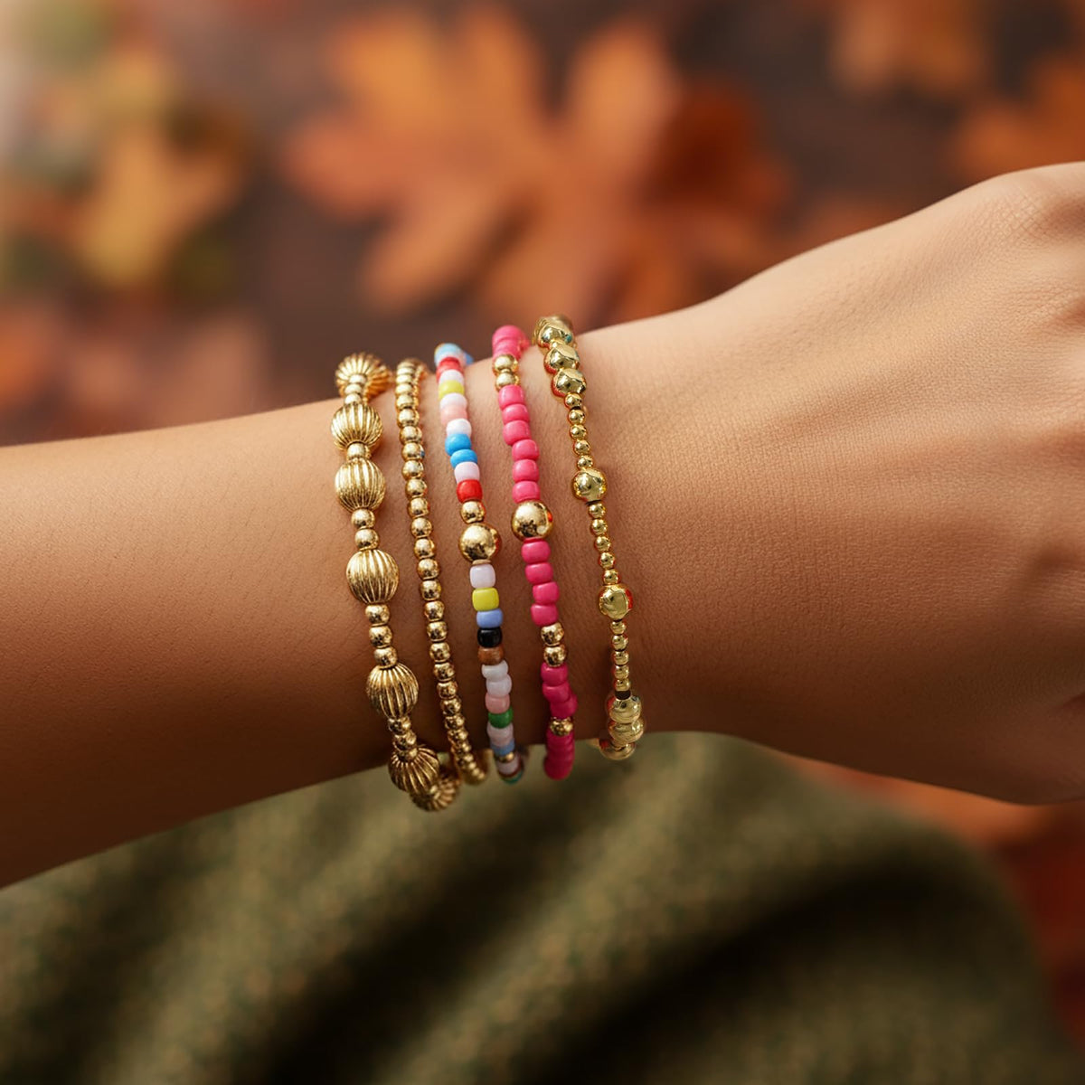 Dainty 14K Gold Plated Beaded Bracelet Stack for Women,Bohemian Stretch Colorful Beads Non Tarnish Stackable Bracelets Set Fashion Party Prom Accessories Jewelry Gift Friendship