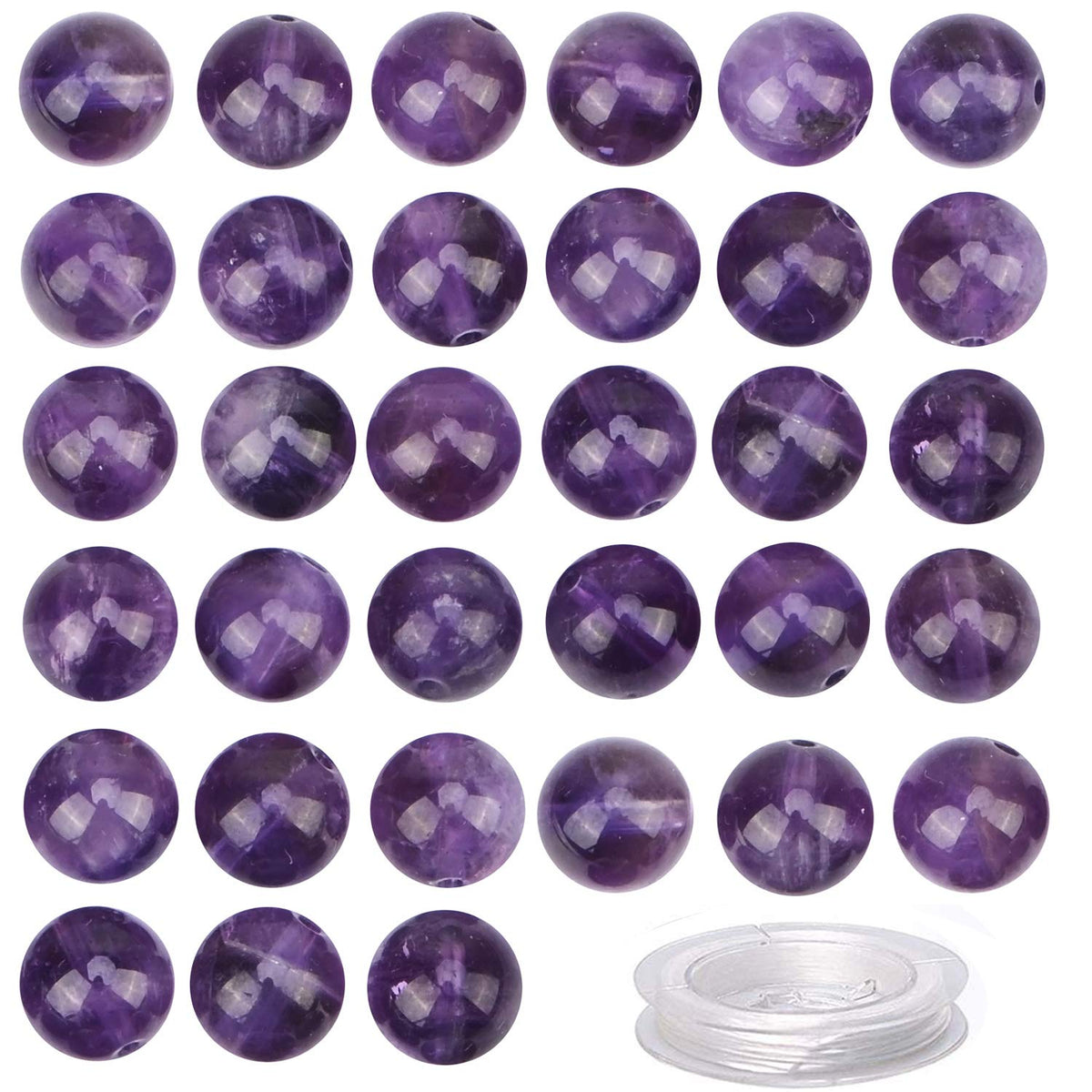 80Pcs Natural Crystal Beads Stone Gemstone Round Loose Energy Healing Beads with Free Crystal Stretch Cord for Jewelry Making (Amethyst, 10mm)