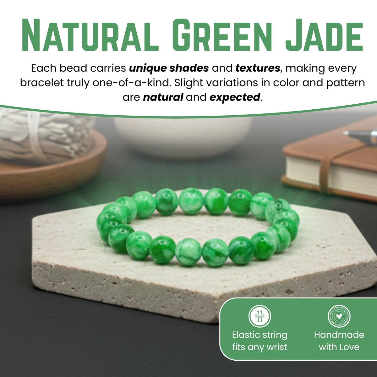 AKDNZ Jade Bracelet for Women & Men - Natural Green Jade Bracelet with 8mm Round Beads, Handmade Adjustable Healing Crystal Jewelry for Spiritual Balance, Luck, Wealth & Protection, Gift for Christmas