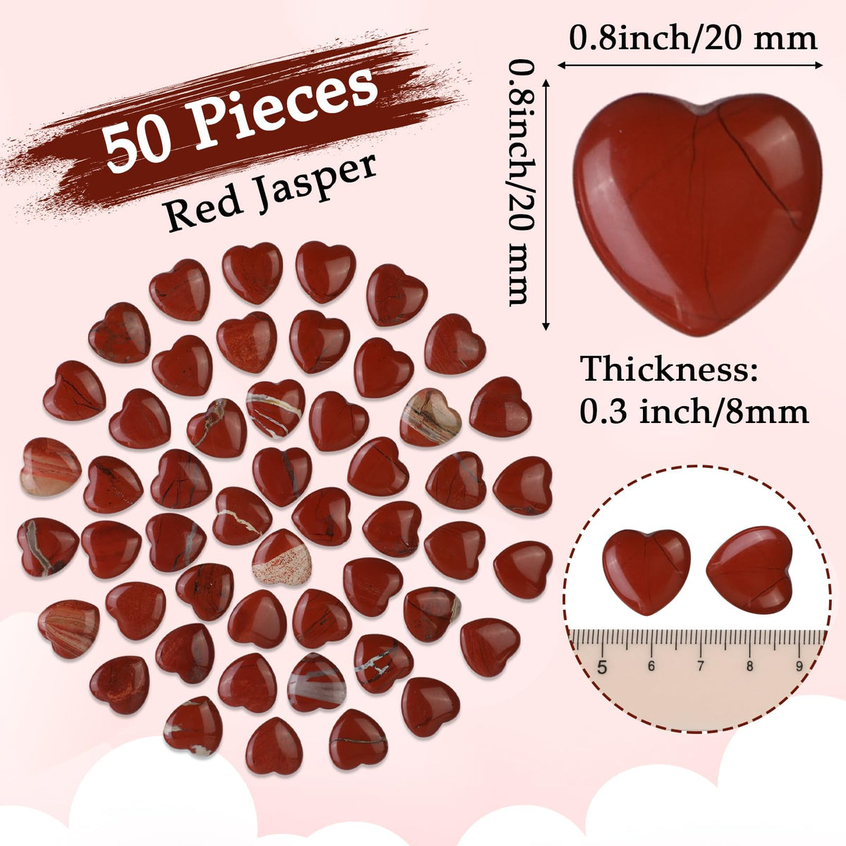 Gerrii 50 Pcs Heart Healing Stone Bulk Quartz Heart Inspirational Stones Gift for Women Love Pocket Polished Natural Energy Balancing Meditation 0.8 Inch(Red)