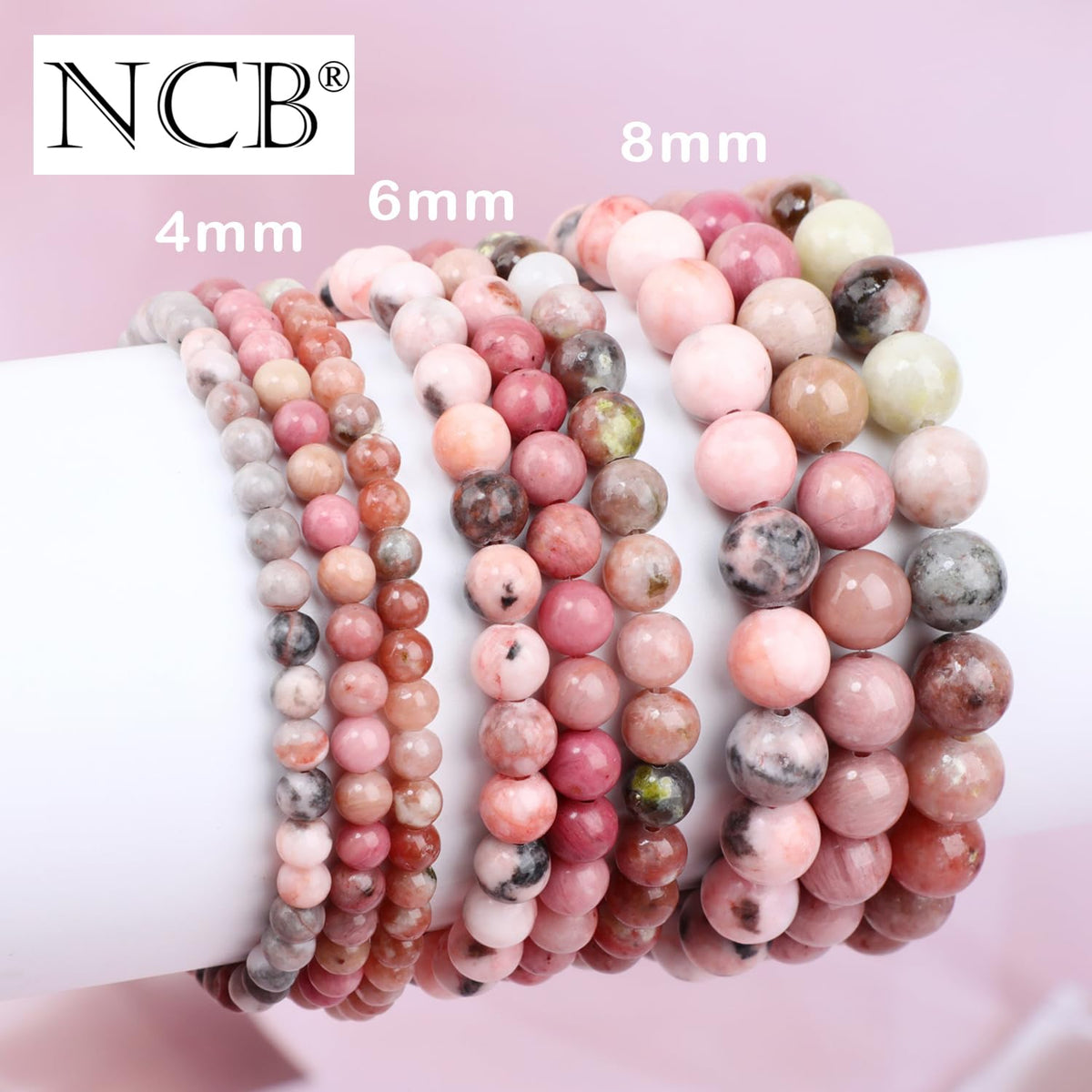 NCB 3-Piece 6mm Natural Crystal Gemstone Stretch Bracelets – ﻿Rhodochrosite, Pink Zebra, Pink Black Rhodonite Handmade Reiki Energy Healing Jewelry for Meditation,Yoga, Unisex