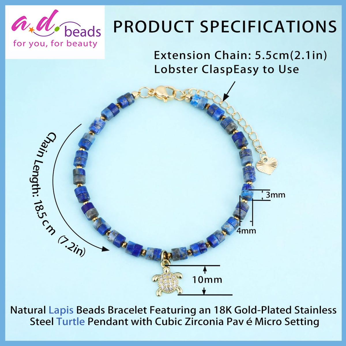 Natural Gemstone Healing Crystal Lapis Dainty Charms Turtle Bracelet Adjustable Chain Extender Minimalist Jewelry