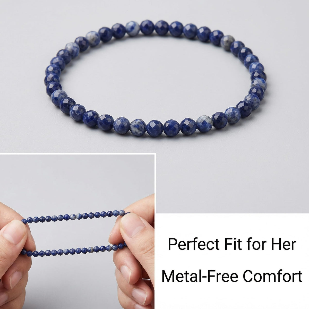 Angelstones Natural Blue Sodalite Gemstone Small Beaded Stretch Bracelet, 4mm Faceted Round Beads, Crystal Healing Bracelet for Women