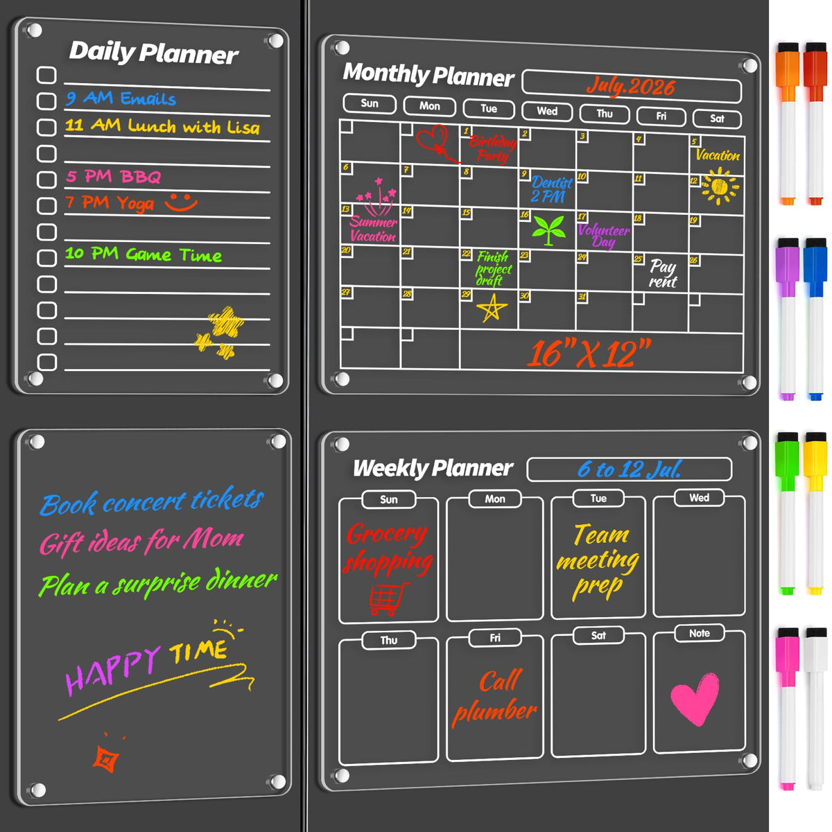 FINDMAG 4 Pack Acrylic Calendar for Fridge, 2026 Magnetic Calendar for Refrigerator, 16"x12" Dry Erase Whiteboard Planning Board Monthly Weekly Wall Fridge Calendar Board Menu Planner with 8 Markers
