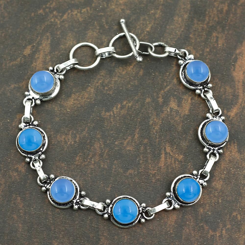 Natural Chalcedony 925 Silver Plated Round Gemstone Bracelet for Women - March Birthstone Vintage Bohemian Style Handmade Link Adjustable Bracelet Gifts for Mom Wife Sister Her