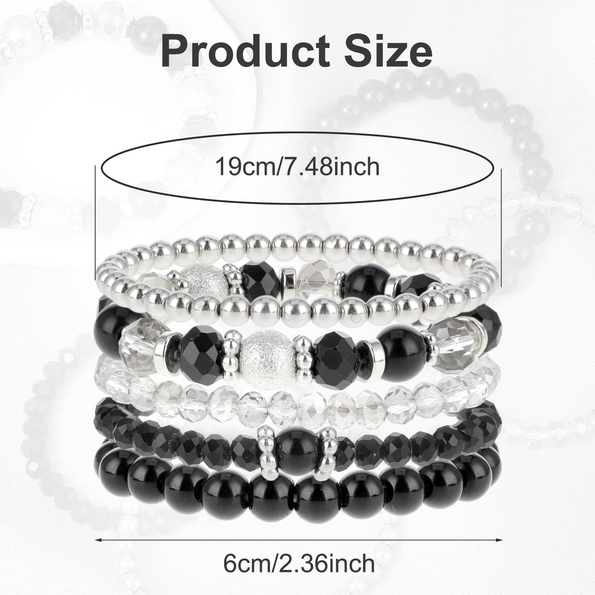 5 Pcs Beaded Stretch Bracelets Black Stackable Bracelets Crystal Bead Bracelet Boho Beaded Bracelets Stretch Layering Crystal Stone Beaded Bracelets Trendy Costume Jewelry Gifts for Women
