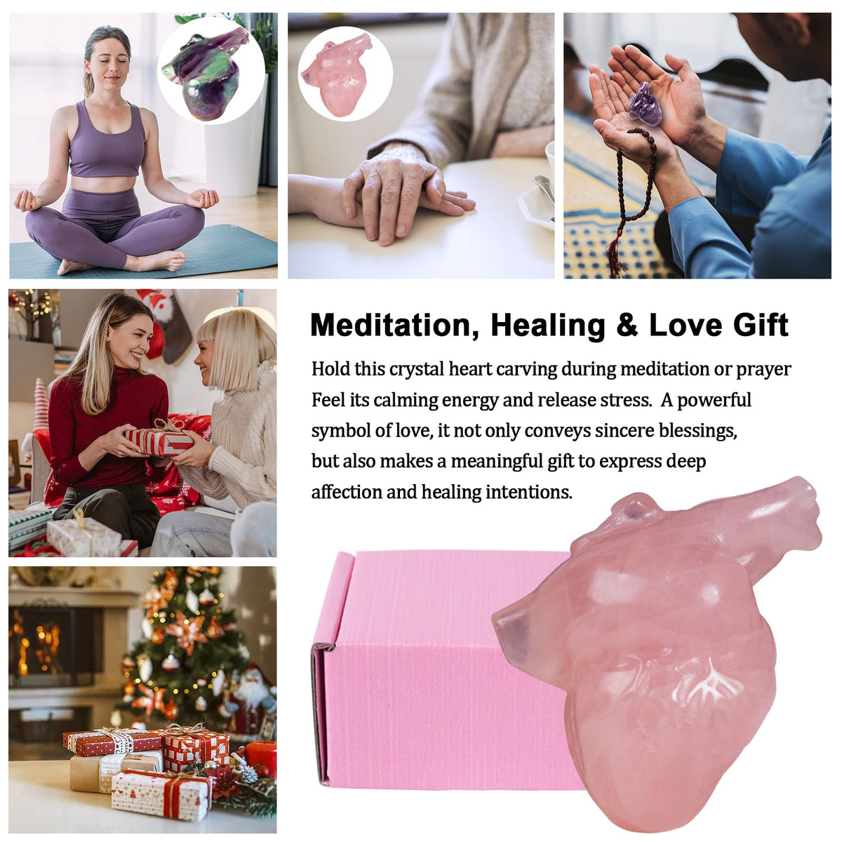 Rose Quartz Crystal Heart Figurines, 2.1 Inch Crystal Heart Love Statue for Home Decor, Meditation and Stress Relief, Hand Carved Natural Healing Stone Cardiac Sculpture Spiritual Gift for Women