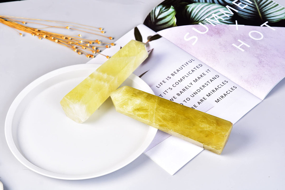 AMOYSTONE Large Crystal Obelisk Tower Lemon Quartz Point Wand 6 Faceted Reiki Meditation Therapy 1.1-1.7 LBS