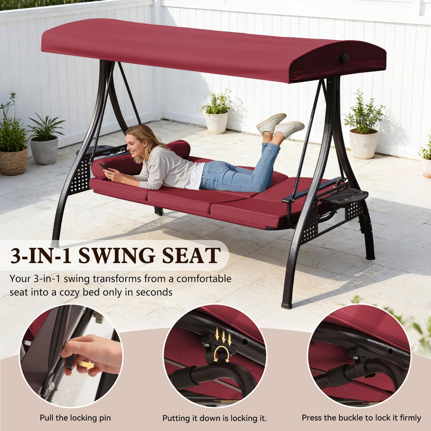 Mvpipi Outdoor Porch Patio Swing,3-seat Swing with Canopy,3 in 1 Convertible Swing Bed for Adults,Porch Swing with Stand,Bench Swing with Pillows & Cup Holder for Garden,Deck(Wine Red,Square Tube)