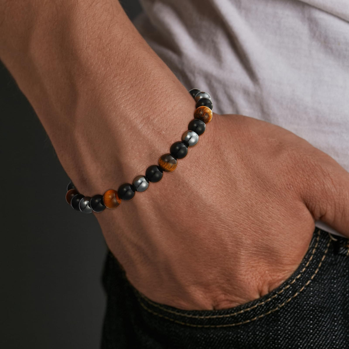Gnamy Triple Protection Beaded Bracelet Gifts for Men, Adjustable Tiger Eye Black Obsidian Hematite Bracelets Christmas Birthday Valentines Anniversary Healing Sobriety Jewelry Gifts for Husband Dad Boyfriend Brother Him
