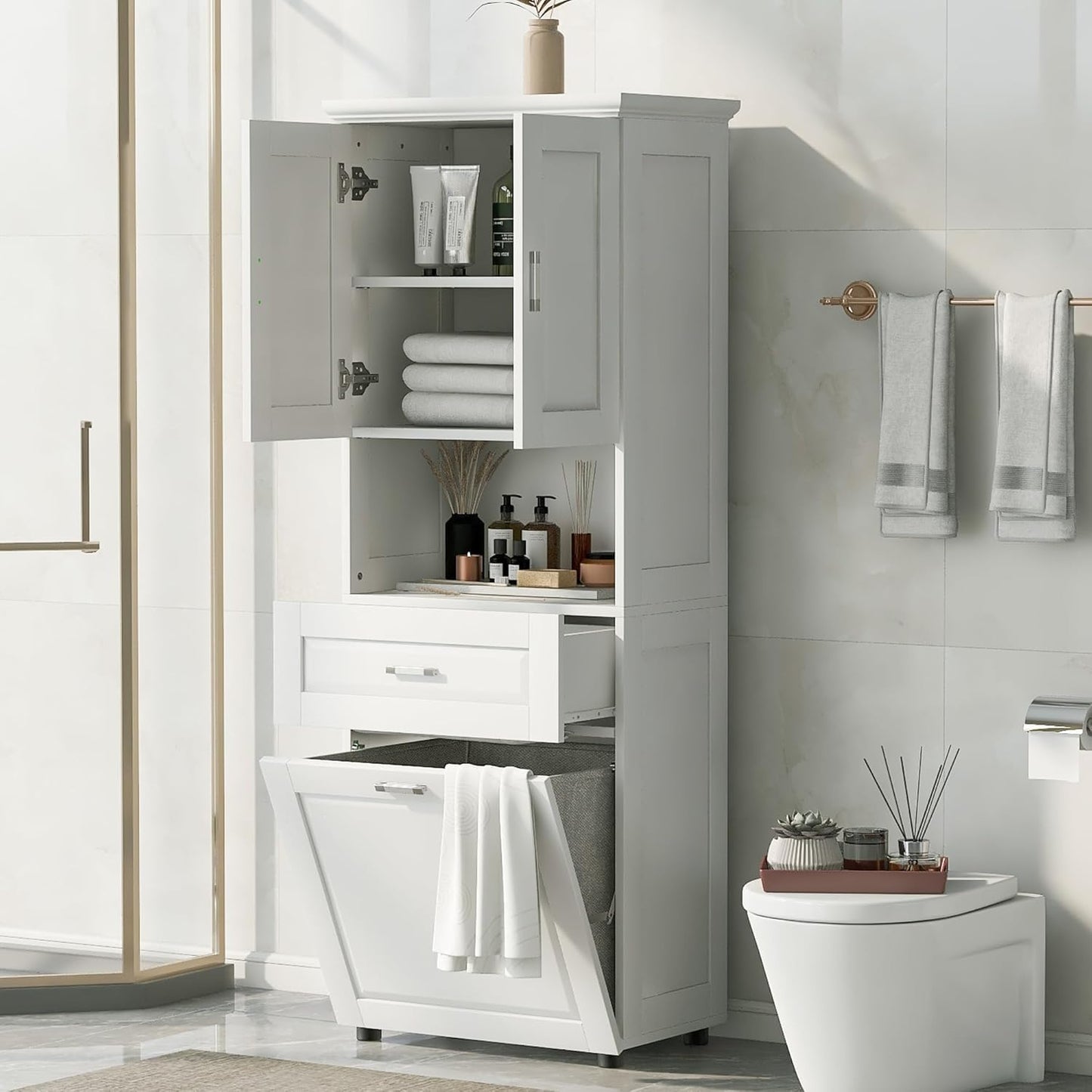 Virubi Tall Bathroom Cabinet with Storage, Wood Tall Bathroom Storage Cabinet with Adjustable Shelves, Freestanding (White)