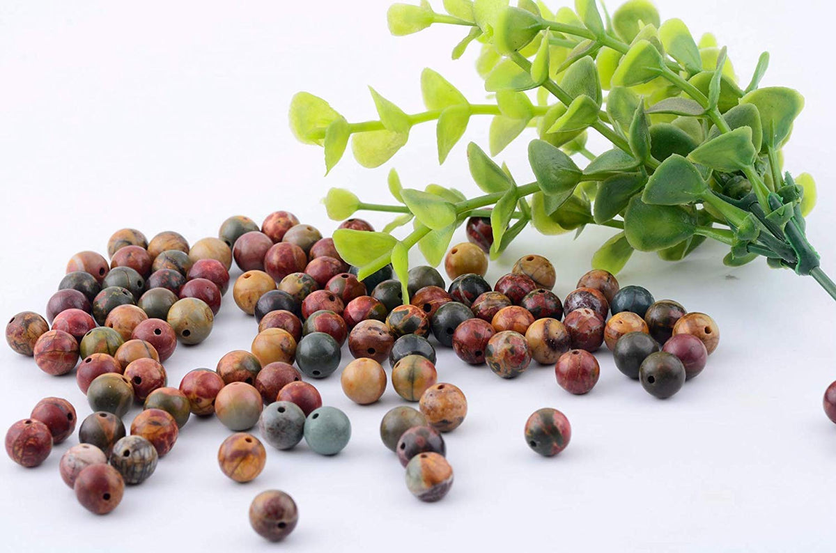 Natural Stone Beads 100pcs 6mm Picasso Jasper Round Genuine Stone Beading Loose Gemstone Hole 1mm DIY Charm Smooth Beads for Bracelet Necklace Earrings Jewelry Making (Picasso Jasper Red, 6mm)