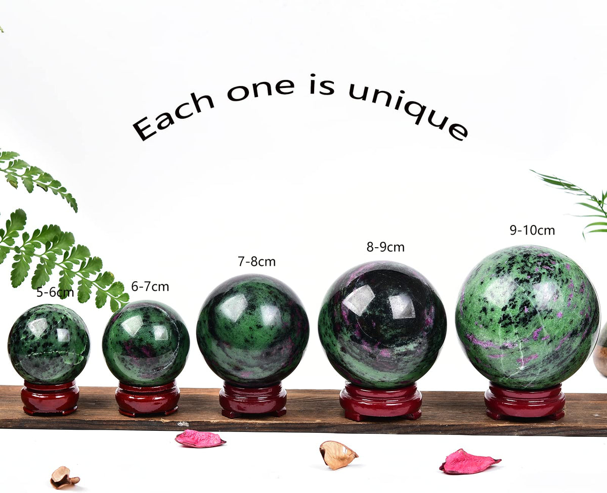 JIC Gem Small Red&Green Treasure Crystal Sphere Ball Natural Ruby Zoisite Healing Crystal Ball with Decoative Stand for Fengshui Meditation Decoation (50-60mm)
