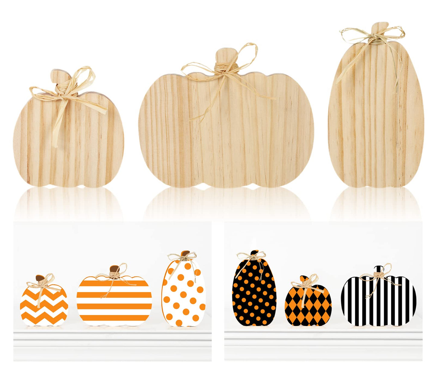 Whaline 3Pcs Unfinished Fall Pumpkin Wooden Cutout with Natural Raffia Pumpkin Shaped Tiered Tray Decor Pumpkin Wooden Table Sign for Autumn Thanksgiving Halloween Home Office Table Decor DIY Crafts