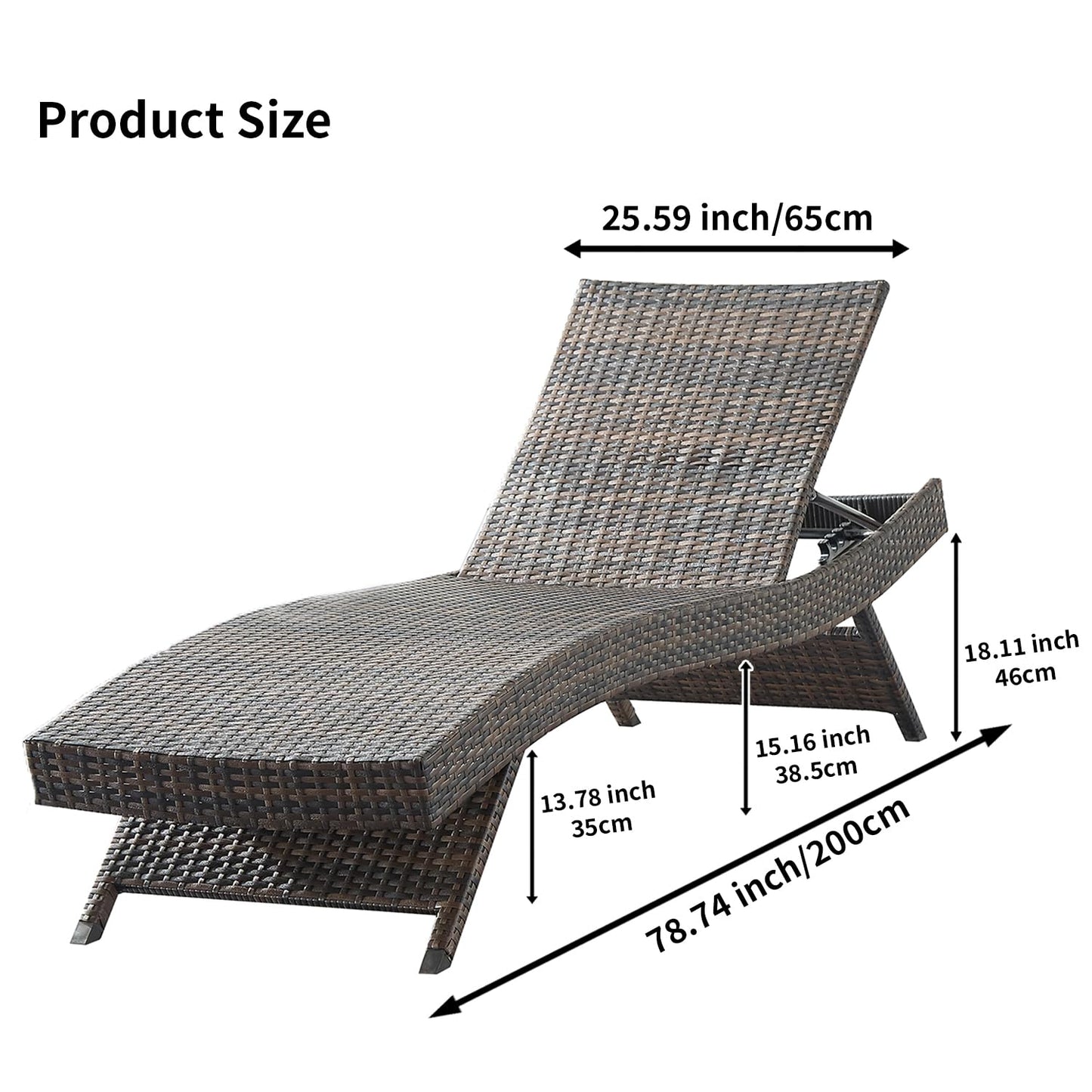 Asifom Outdoor Wicker Reclining Lounge Chairs Patio Rattan Chaise Lawn Sunbathing Chairs 79" Long Reclining Chairs, Set of 2 Chaise Longues + 1 Coffee Table