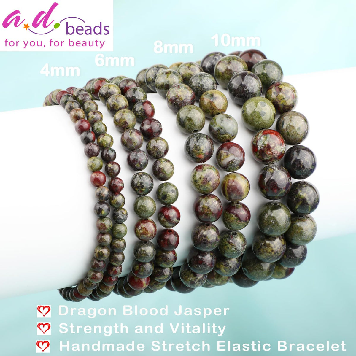 AD Beads 10mm Handmade Dragon Blood Jasper Elastic Bracelet – Natural Gemstone for Strength and Vitality – Meditation, Yoga, Healing and Energy Gift for Men Women