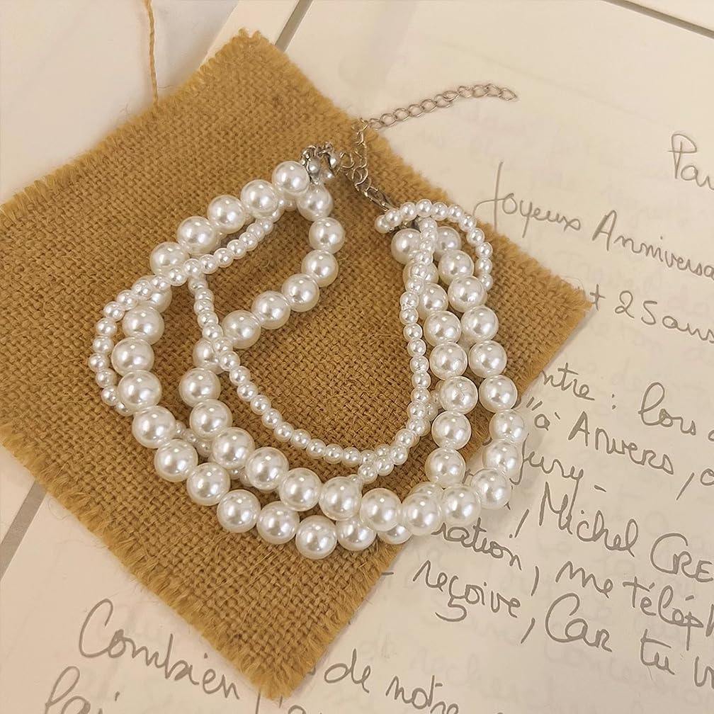 Cute Layered White Pearl Bracelets Sets for Women Fashion Freshwater Pearls Layering Statement Bracelet Stack Strand Beaded Bangles Dainty Aesthetic Jewelry (Pearl-1)