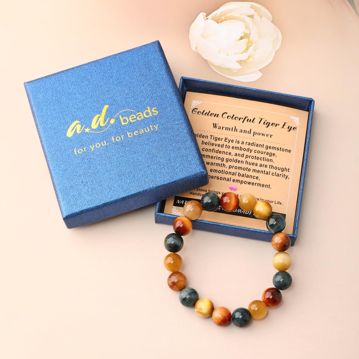 AD Beads 8mm Handmade Golden Colorful Tiger Eye Elastic Bracelet – Natural Gemstone for Warmth and power – Meditation, Yoga, Healing and Energy Gift for Men Women