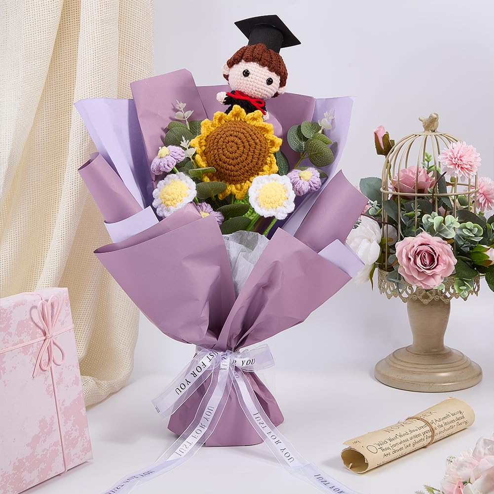 ORIGACH DIY Crochet Graduation Bouquet with Personalized Doll Kit for Beginner Adults Handmade Crochet Sunflower Bouquet & Graduate Girl Doll for Graduation Gift, Teacher Appreciation Gifts