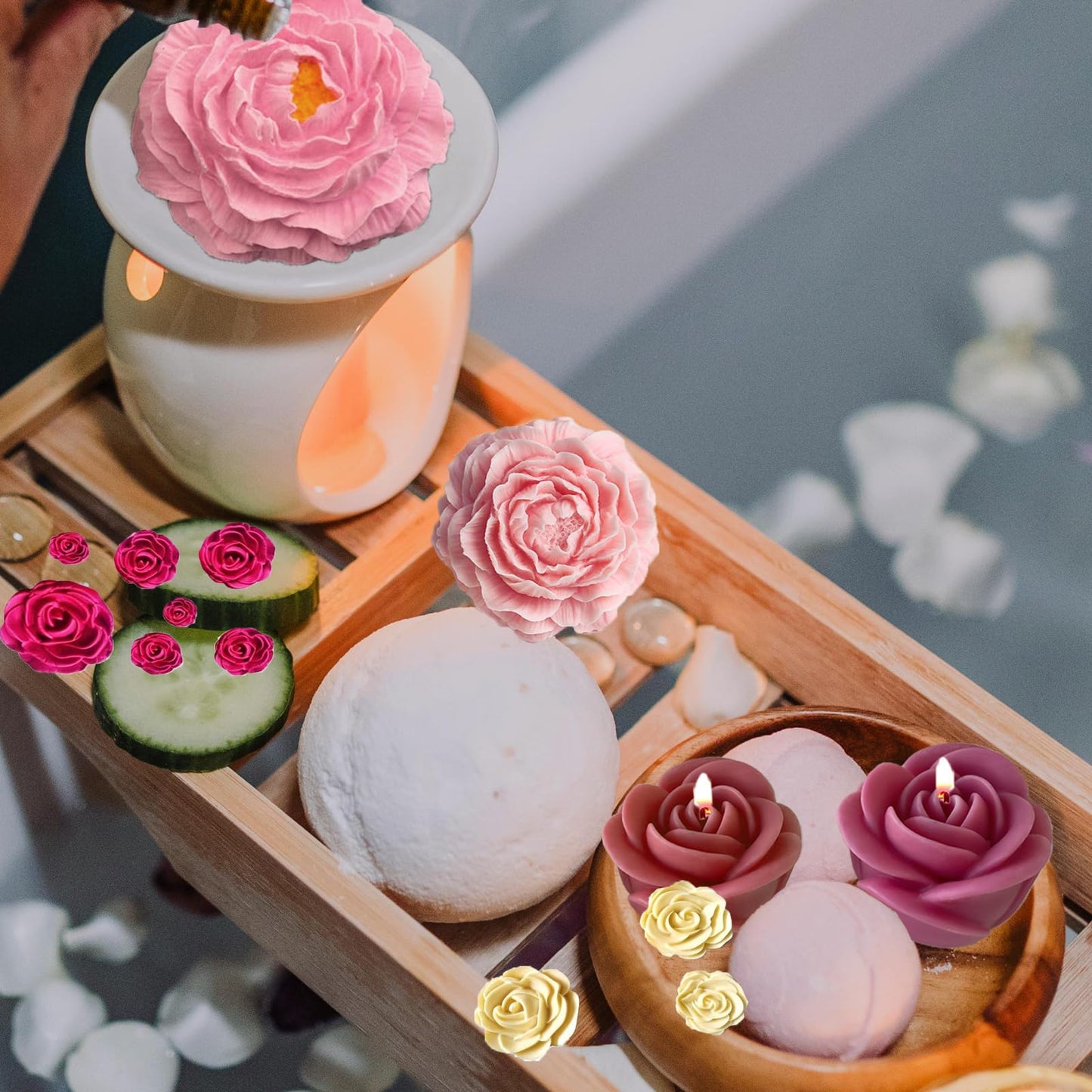 2 Rose Flowers Silicone molds(2 Styles) 2 Peony Mold (3.54 inch + 2.55 inch) Flower Silicone Candle Molds with Large-Eye Wicking Needle Candlewick for Candle Home Décor Handmade Gift Epoxy Resin Soap