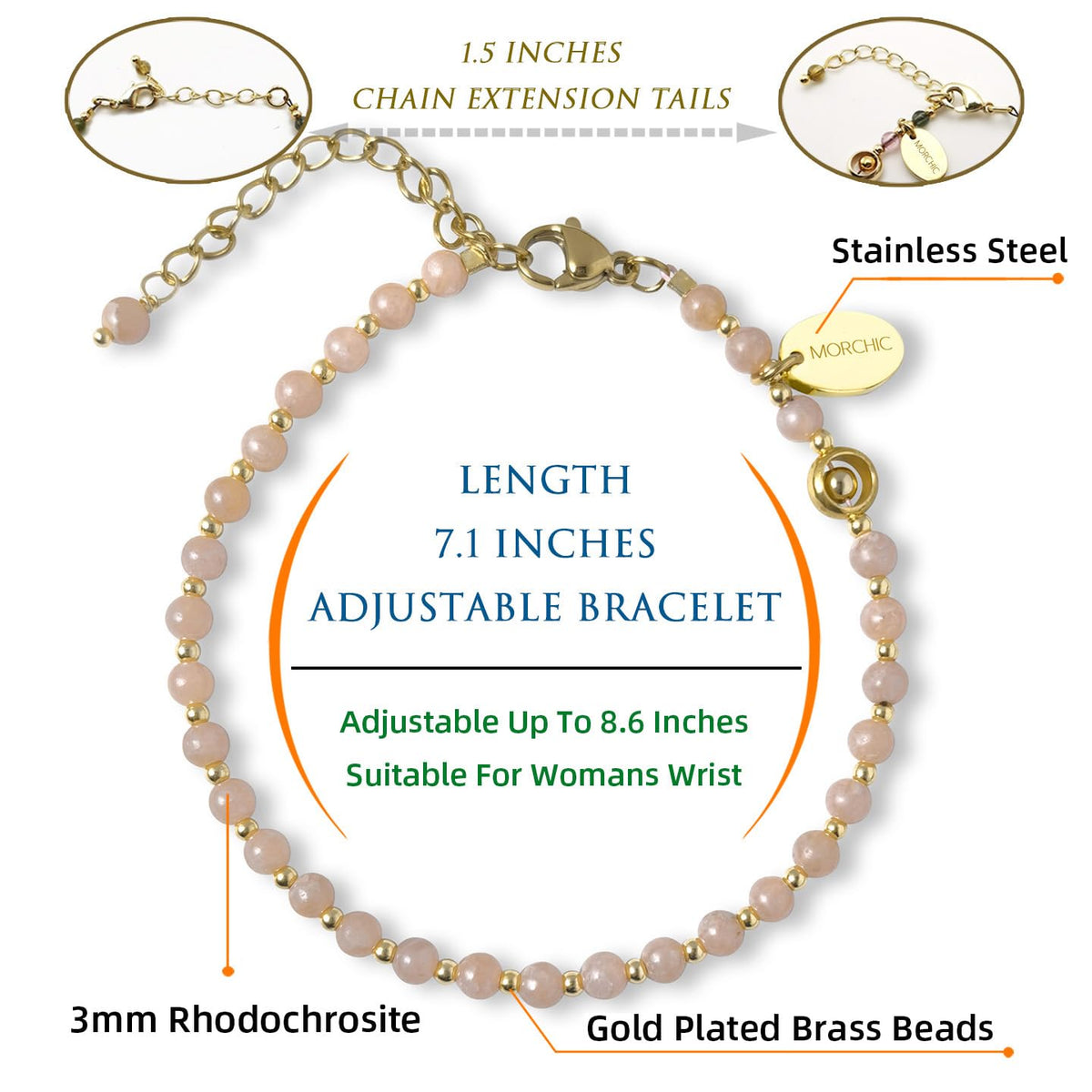 Morchic 3mm Argentina Rhodochrosite Natural Gemstone Beaded Bracelet for Women, Dainty Charm Jewelry, Adjustable 7.1-8.6", Ideal Birthday Holiday Gift
