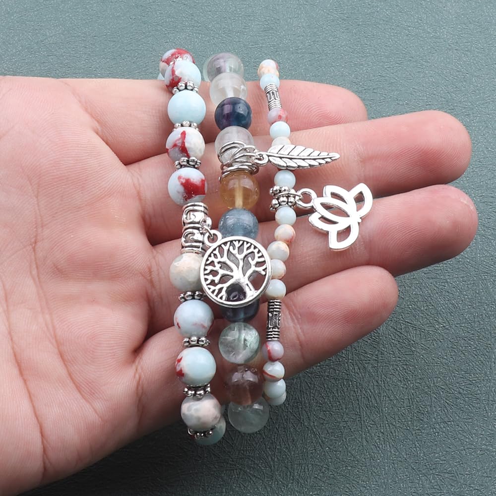 UEUC Tree of Life Yoga Healing Stone Bracelets, Multilayer Lotus Chakra Stone Reiki Bracelet Sets, Anxiety Crystal Natural Stone,for Women Stress Relief(#145)