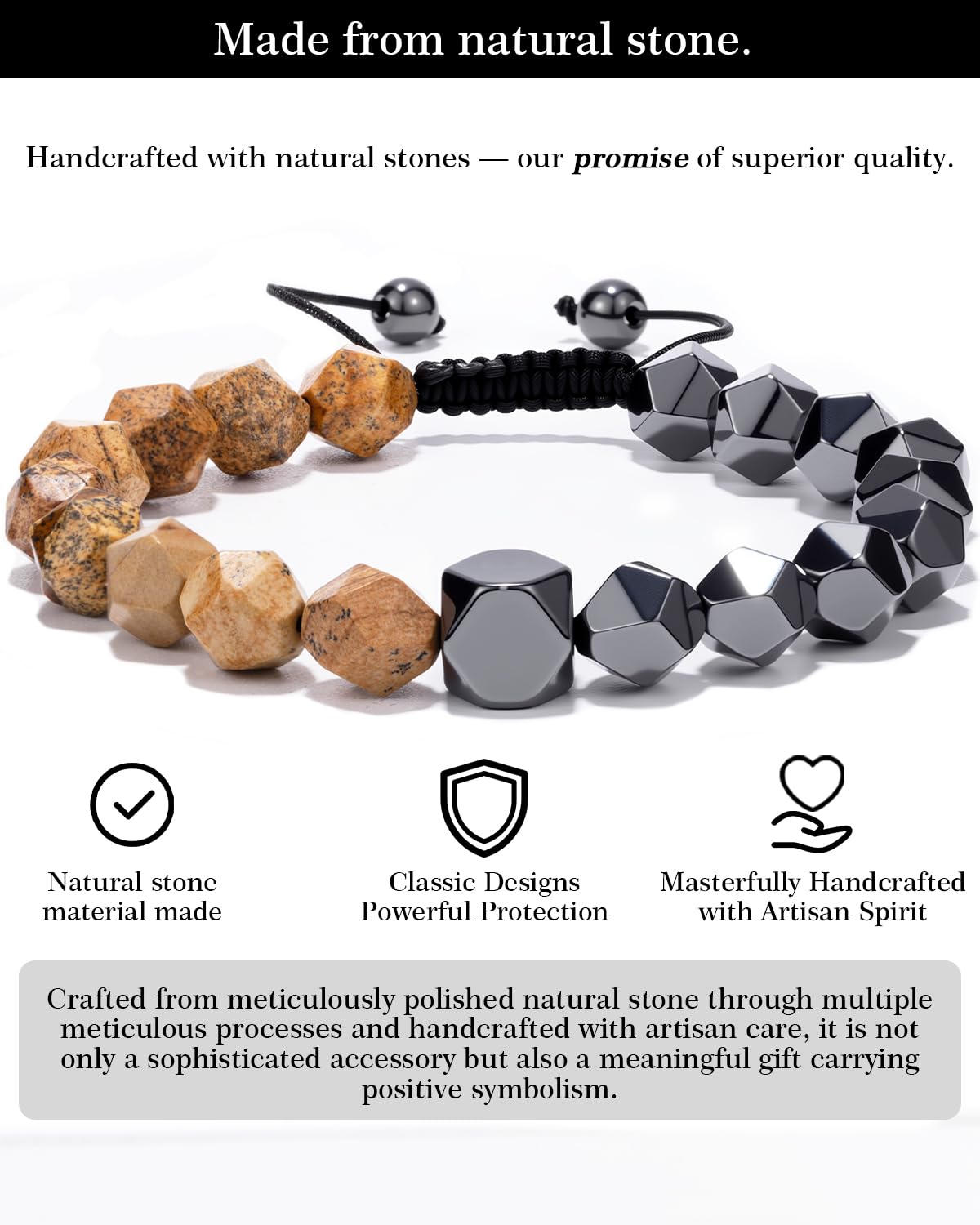 Beaded Bracelet for Men, 10mm Natural Stones Bracelet for Men's Gift, Adjustable Precision-Cut Gemstone Crystal Healing Bracelet, Protection Jewelry Gift with Hematite, Tiger Eye (Picture Stone & Hematite)