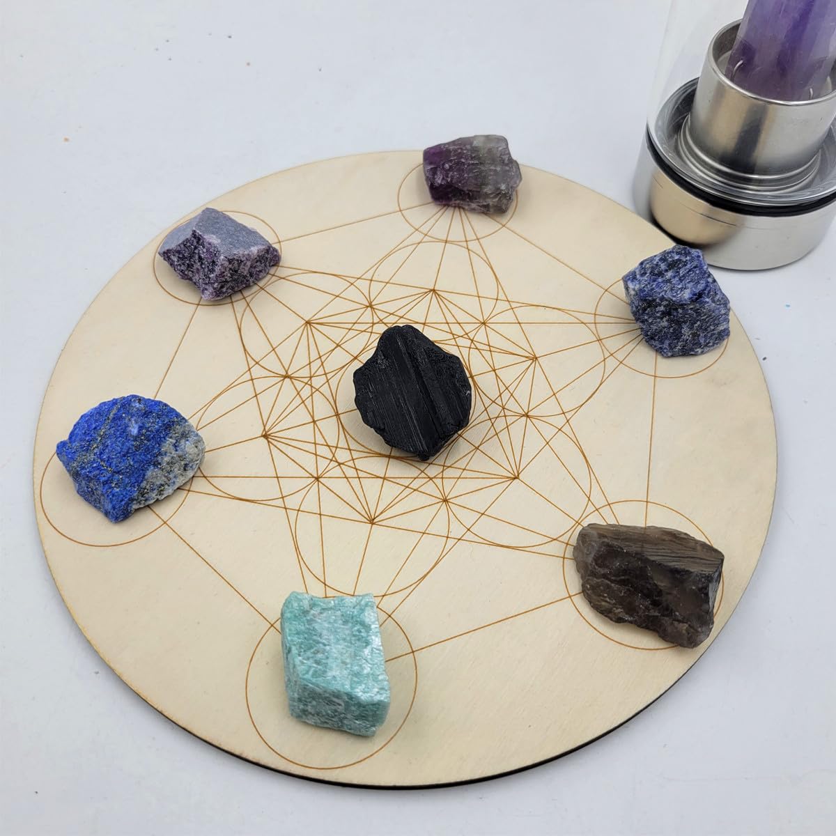 7Pcs Energy Crystals for Home Protection Raw Crystals Set of Smoky Quartz,Fluorite,Black Tourmaline,Lepidolite,Lapis Lazuli,Sodalite,Amazonite(Crystals for Home Protection)