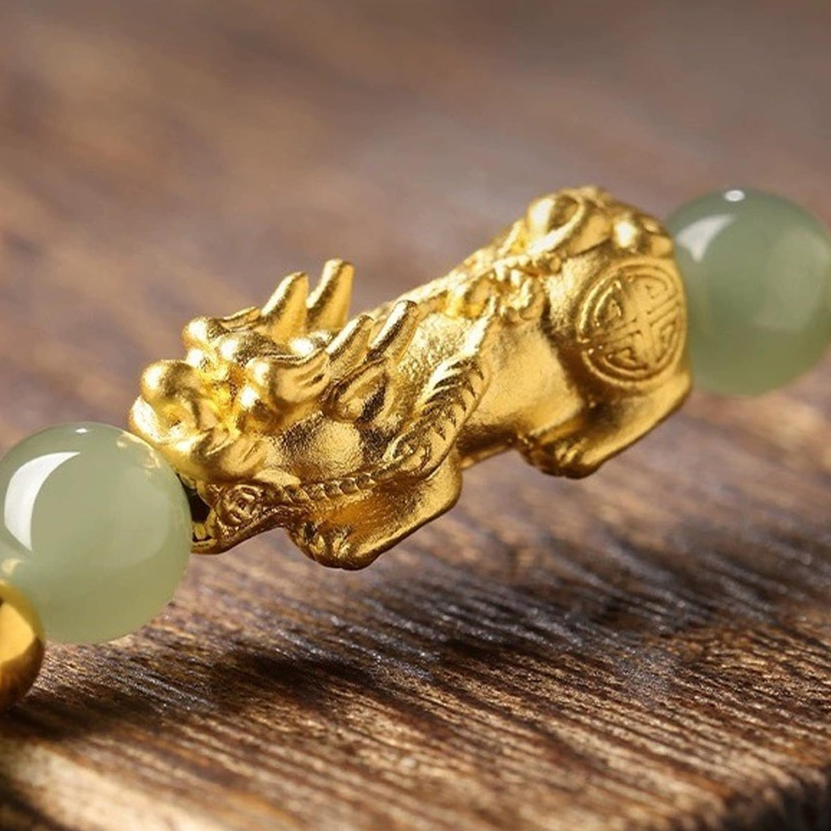Long tiantian Green Beaded Bracelet for Women with Gold Tone Pixiu Charm, Minimal Stretch Bracelet with Round Beads for Daily Wear and Thoughtful Gifting