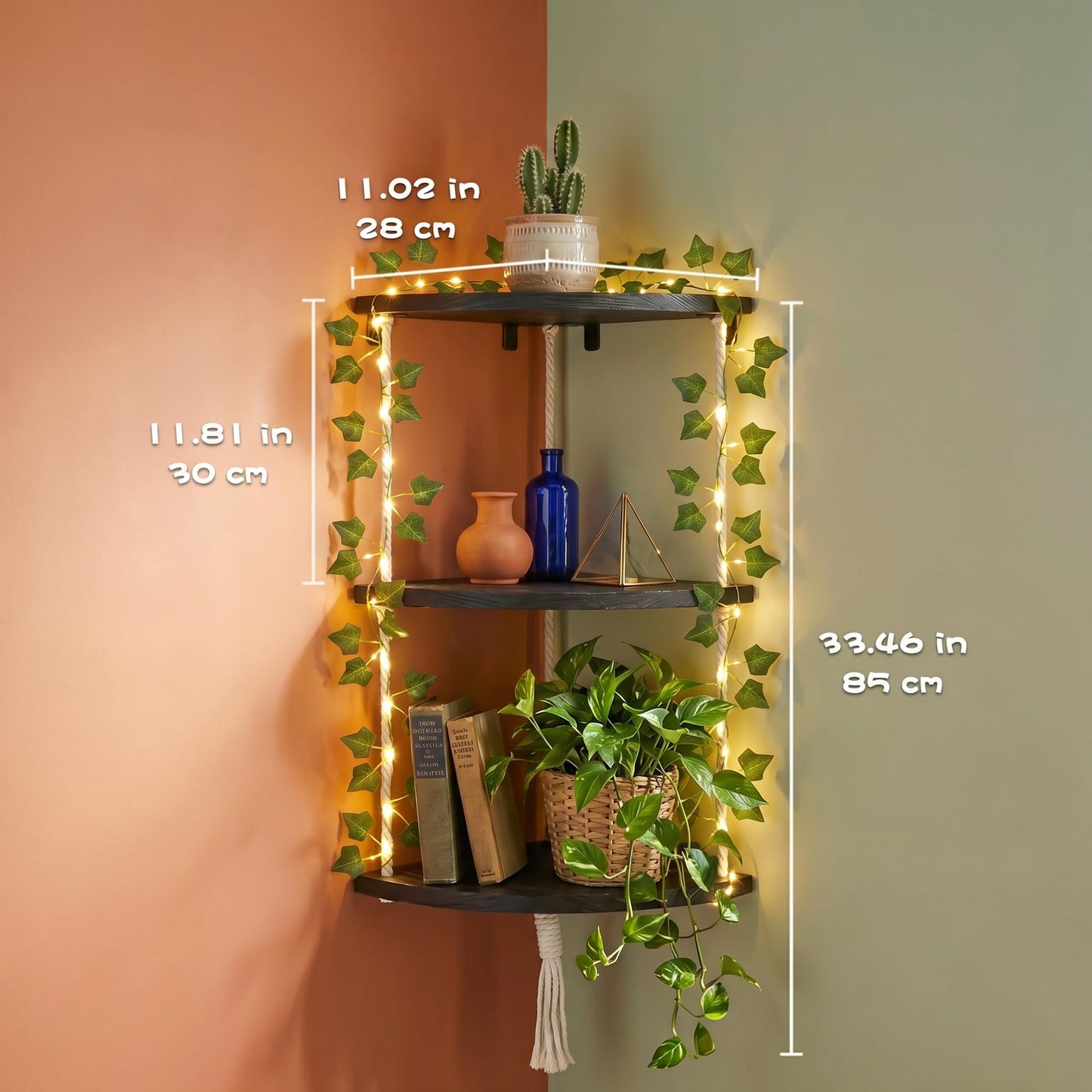 REFGY 3-Tier Corner Floating Shelves with Aesthetic Greenery & Fairy Lights - Premium Wood-Textured Boho Wall Hanging Shelf - Stable L-Bracket Support for Home Decor, Office & Small Spaces
