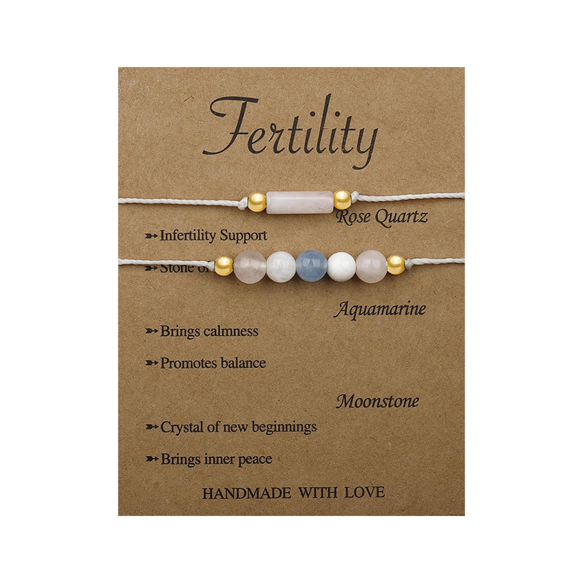 IQIC Handmade Fertility & Pregnancy Bracelet with Natural Rose Quartz, Aquamarine & Moonstone, Healing Crystal Bracelet for Pregnant Women, Comes with Blessing Card for Safe Delivery & New Beginnings