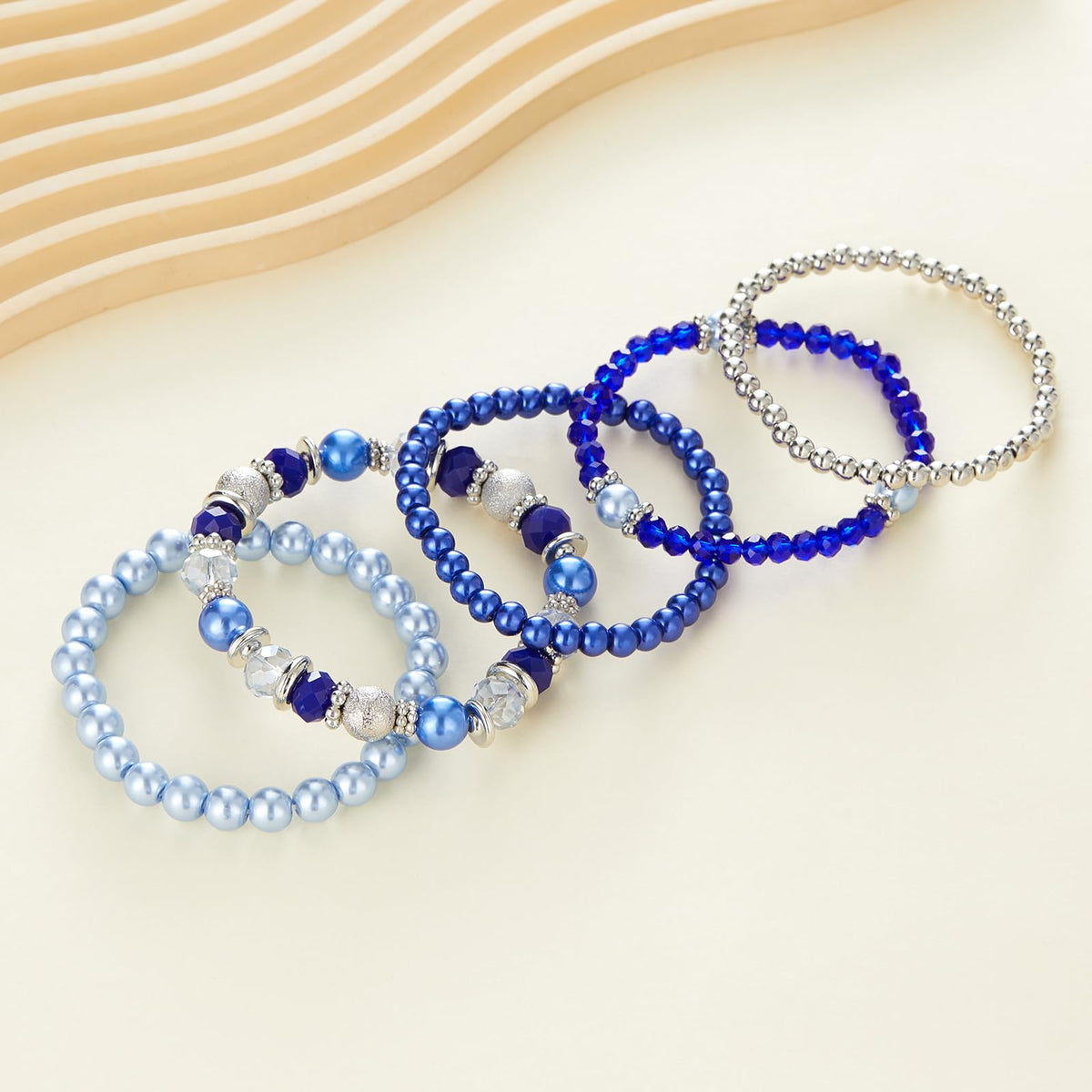 Noessla Beaded Pearl Stretch Bracelet Silver Stackable Crystal Beads Bracelets Trendy Costume Jewelry Mothers Day Gifts for Women(Sapphire)