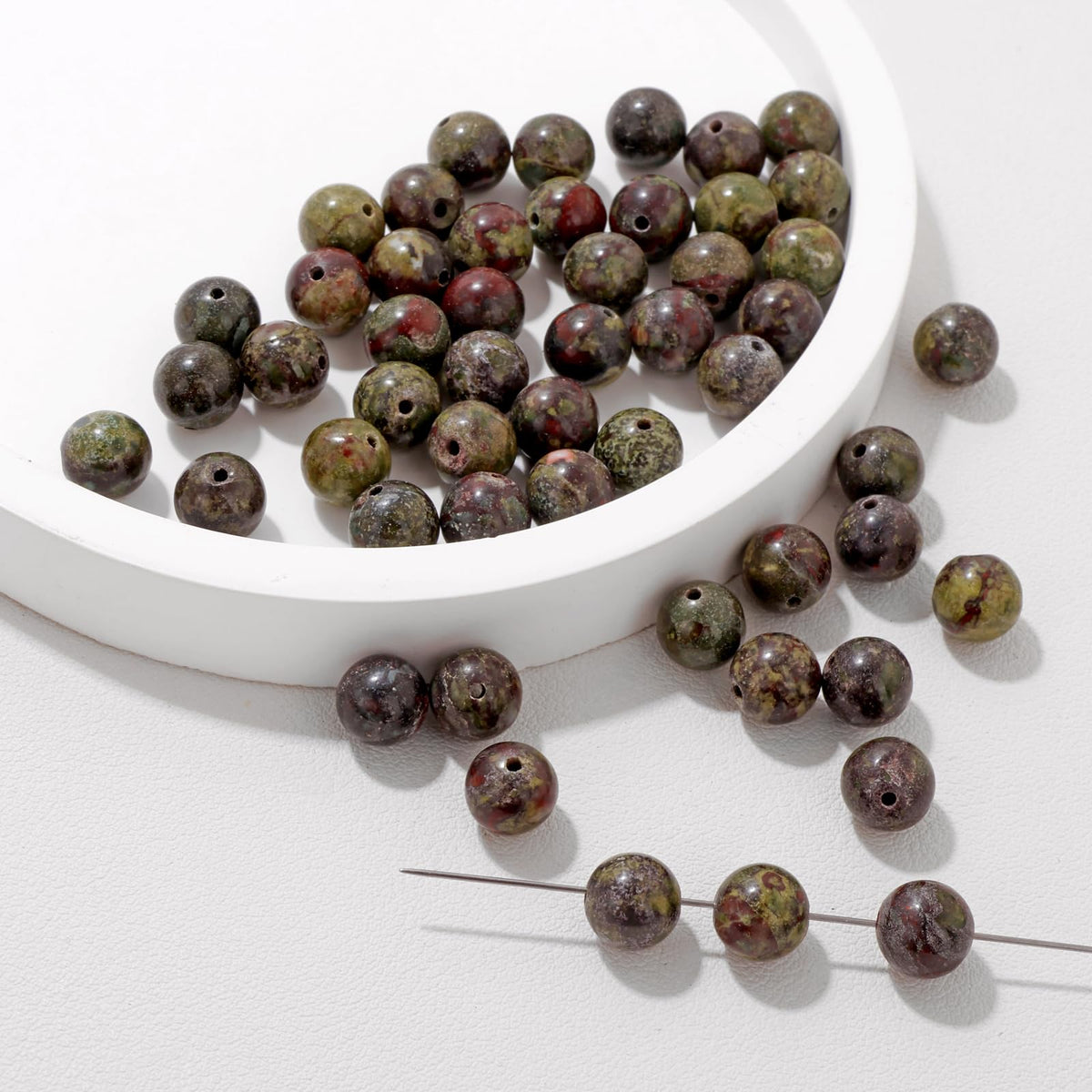 Risyfjew 50PCS 8mm Natural Dragon Bloodstone Beads Gemstone Round Loose Beads for Jewelry Making Chakra Crystal Stone Beads for Bracelets Necklace Earrings Making Supplies (50pcs/Strand)