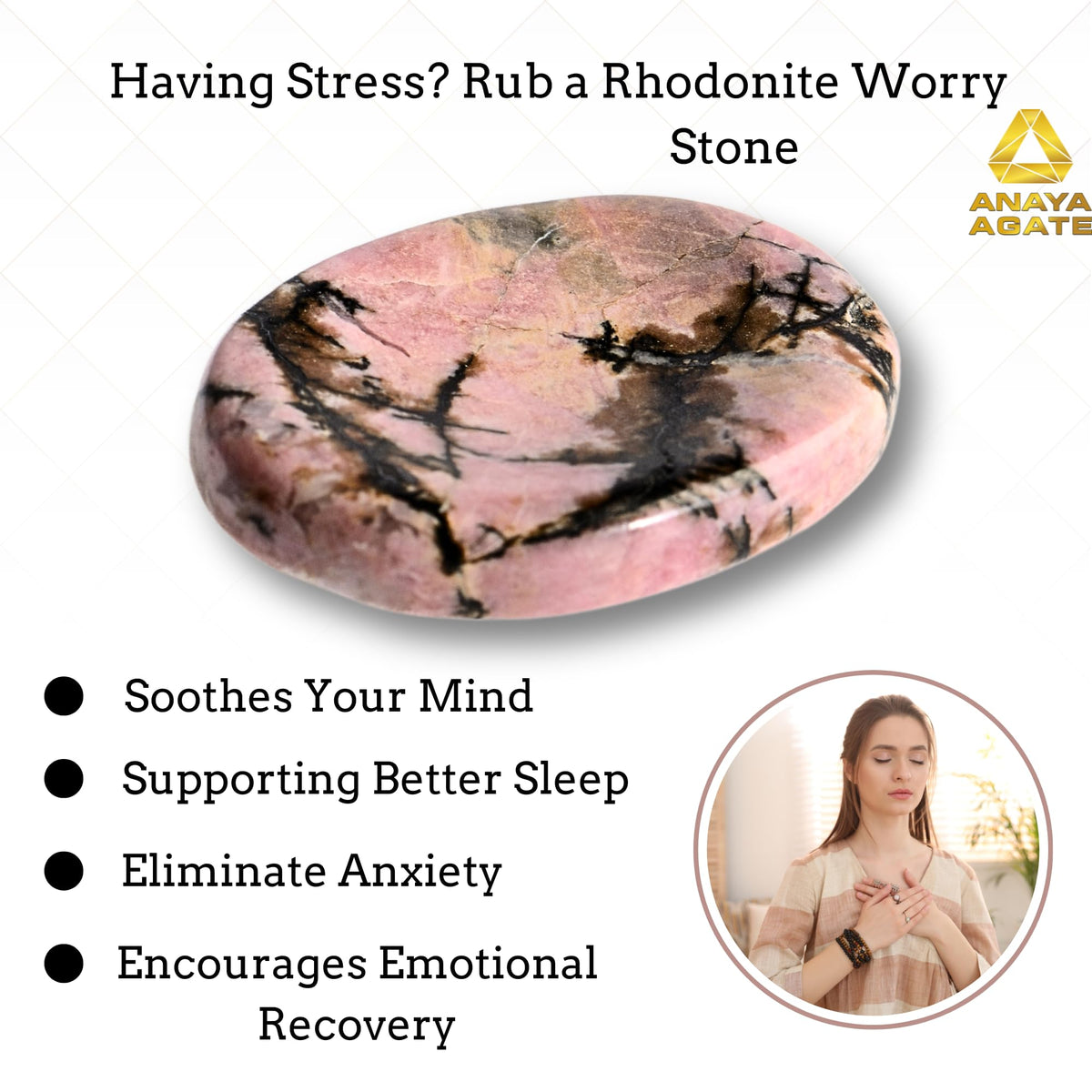 Anaya Agate Rhodonite Worry Stones Certified Crystal Thumb Worry Stone for Anguish, Relaxing and Soothing Balance Stones for Meditation, Stress Relief Crystals and Healing Stones for Men, Women