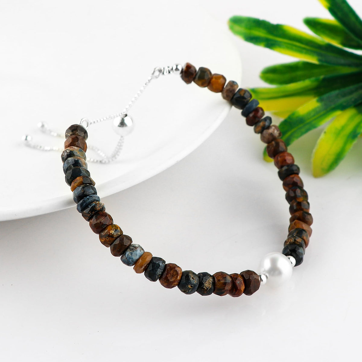 CRYSTALINES Natural Pietersite Gemstones Beads Bolo Bracelets with Pearl, Handmade, Birthstone, Beaded Bracelet, Real Crystals Jewelry, Women Bracelet, Silver Plated Adjustable Chain 6+4inch, A Grade