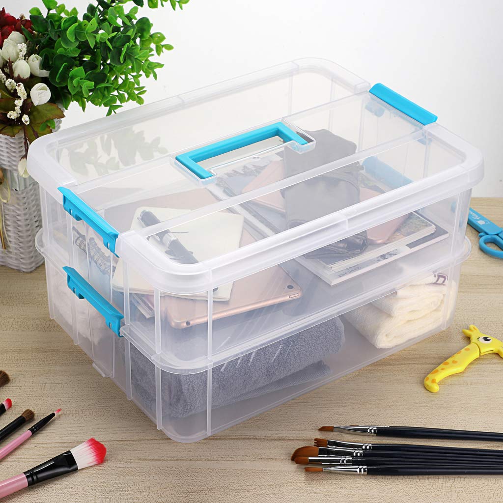 BTSKY 2 Layer Stack & Carry Box, Plastic Multipurpose Portable Storage Container Box Handled Organizer Storage Box for Organizing Stationery, Sewing, Art Craft, Jewelry and Beauty Supplies Blue