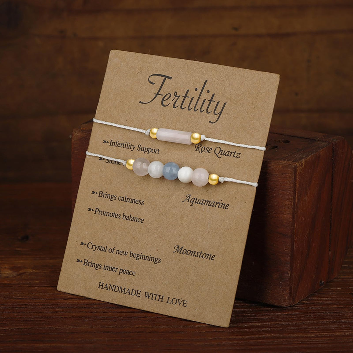 IQIC Handmade Fertility & Pregnancy Bracelet with Natural Rose Quartz, Aquamarine & Moonstone, Healing Crystal Bracelet for Pregnant Women, Comes with Blessing Card for Safe Delivery & New Beginnings