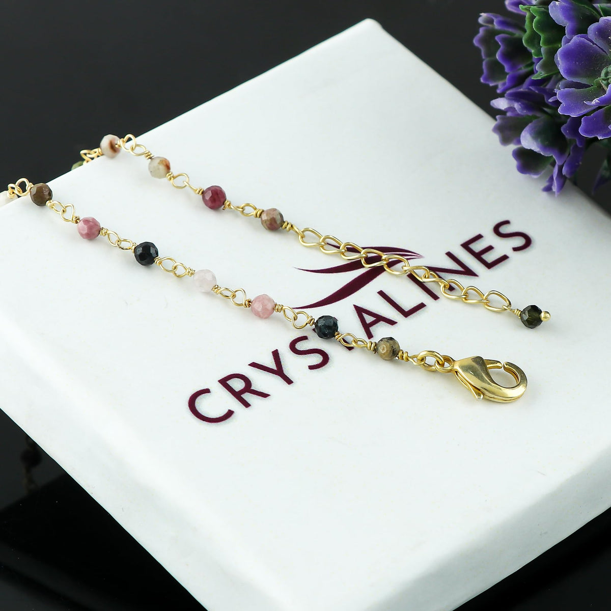 CRYSTALINES Natural Multi Tourmaline Gemstone Cluster Bracelet, 14K Gold Plated Rosary Chain Beads, Handmade Boho Jewelry for Women, Healing Crystals, Christmas Gift Size- 8inch