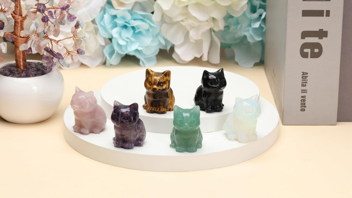 CrystalTears Opalite Crystal Cat Figurine Carved Healing Crystal Gemstone Cat Lucky Cute Stone Cat Statue for Home Office Desk Meditation Decor Crystal Gifts for Women Men Cat Lover Christmas