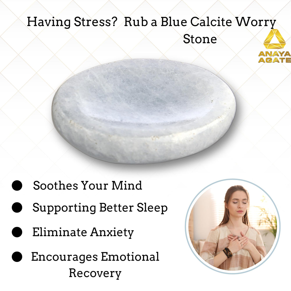 Anaya Agate Blue Calcite Worry Stones Certified Crystal Thumb Worry Stone for Anguish, Relaxing and Soothing Balance Stones for Meditation, Stress Relief Crystals and Healing Stones for Men, Women