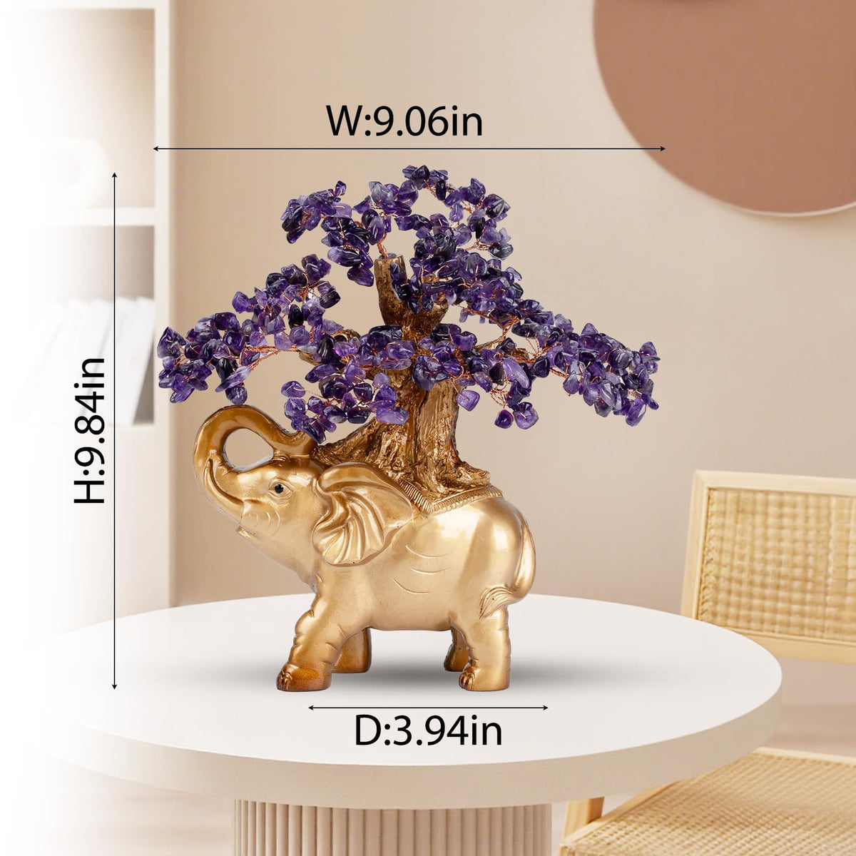 GEMBOURY Amethyst Crystal Money Tree on Gold Mini Elephant Statue, 10”Gemstone Bonsai Tree of Life Home Décor Gifts for Wealth Positive Energy, Feng Shui Décor