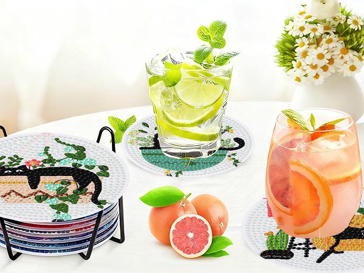 8 PCS Diamond Art Coasters Kits Black Cat Diamond Painting Coaster Kits Diamond Coasters with Holder Cork Pads Gem Art Dots Paintings Crafts Supplies for Adults Beginners
